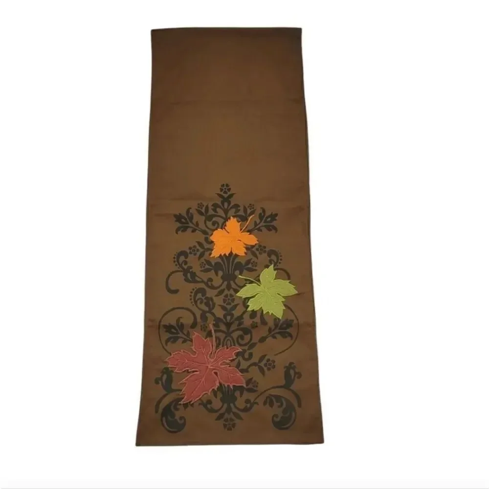 Vintage Pier 1 Imports Fall Autumn Embroidered Leaves Brown Table Runner 71x13.5